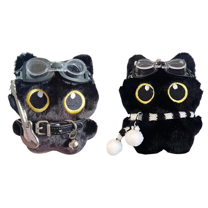 Cute Cartoon Black Cat Keychain Bag Pendant Backpack Hanging Ornaments Lovely Cat Doll With Camera Animal Car Keyring Kids Gift