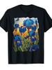 Van Gogh Starry Night Art T-Shirt with Irises & Butterflies - Unisex Casual Round Neck Short Sleeve