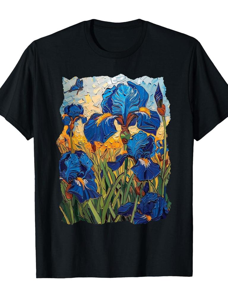 Van Gogh Starry Night Art T-Shirt with Irises & Butterflies - Unisex Casual Round Neck Short Sleeve