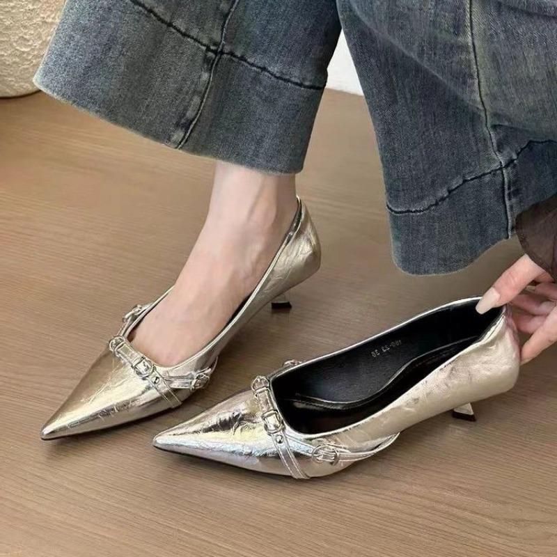 Women's Thin Heel Shoes Spring New Pointed Head Shallow Mouth Metal Buckle Anti-slip Wear-resistant Low-top Shoes