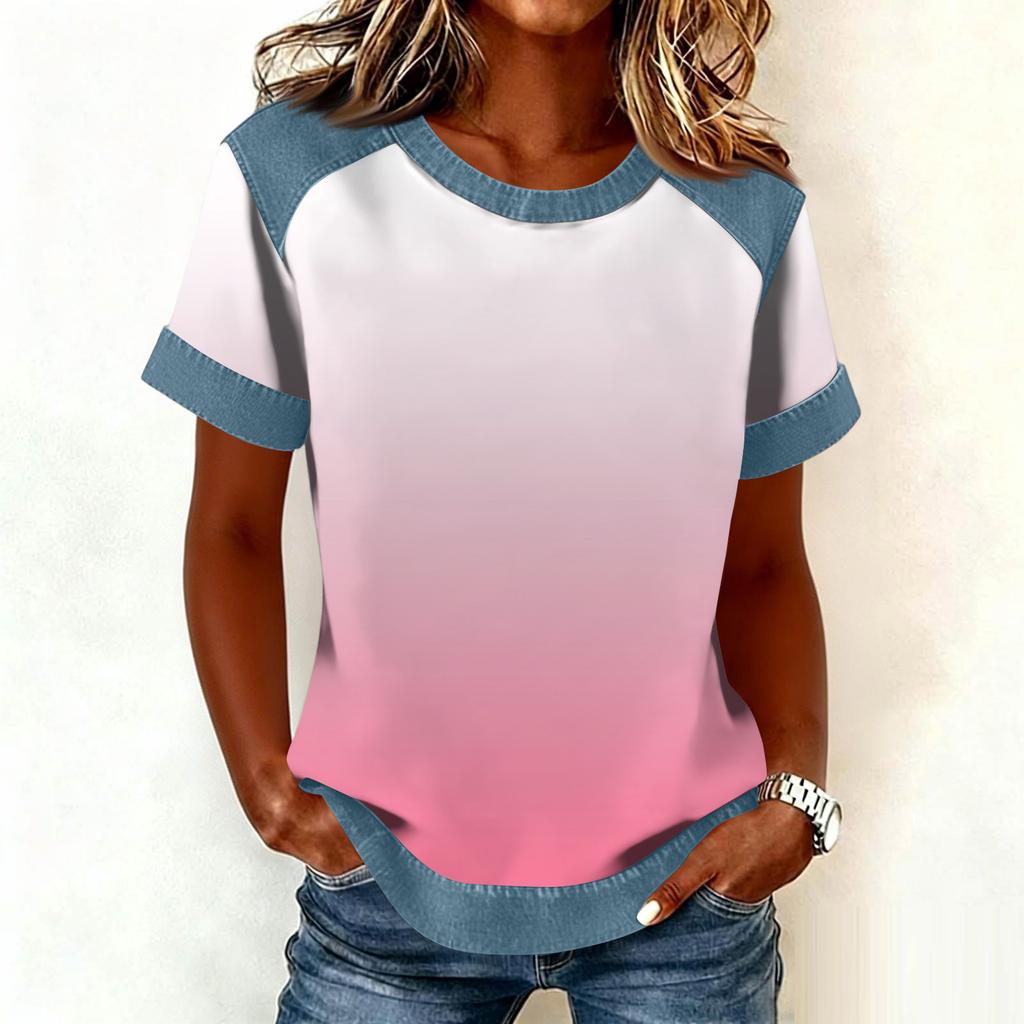 Women Denim Collar Patchwork Stitching Sweatshirt Casual  Printed Pullover Short Sleeve Shirts