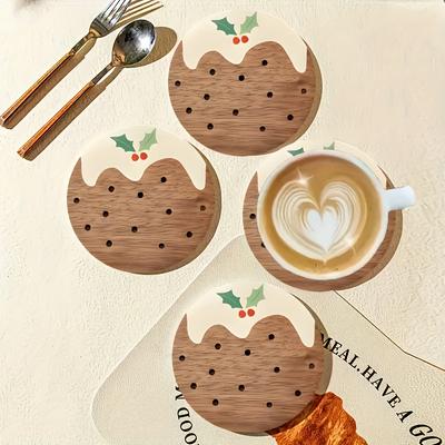 Lot de 4 dessous de verre festifs en bois avec motif sapin de Noël et flocons de neige - Idéal pour la décoration de la maison, du bureau, d'un café ou d'un salon de thé