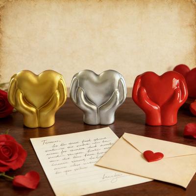 Yousheng Valentine's Day Love Heart Figurine Double Hands Holding Heart Resin Statue Wedding Party Home Office Desktop Decoration