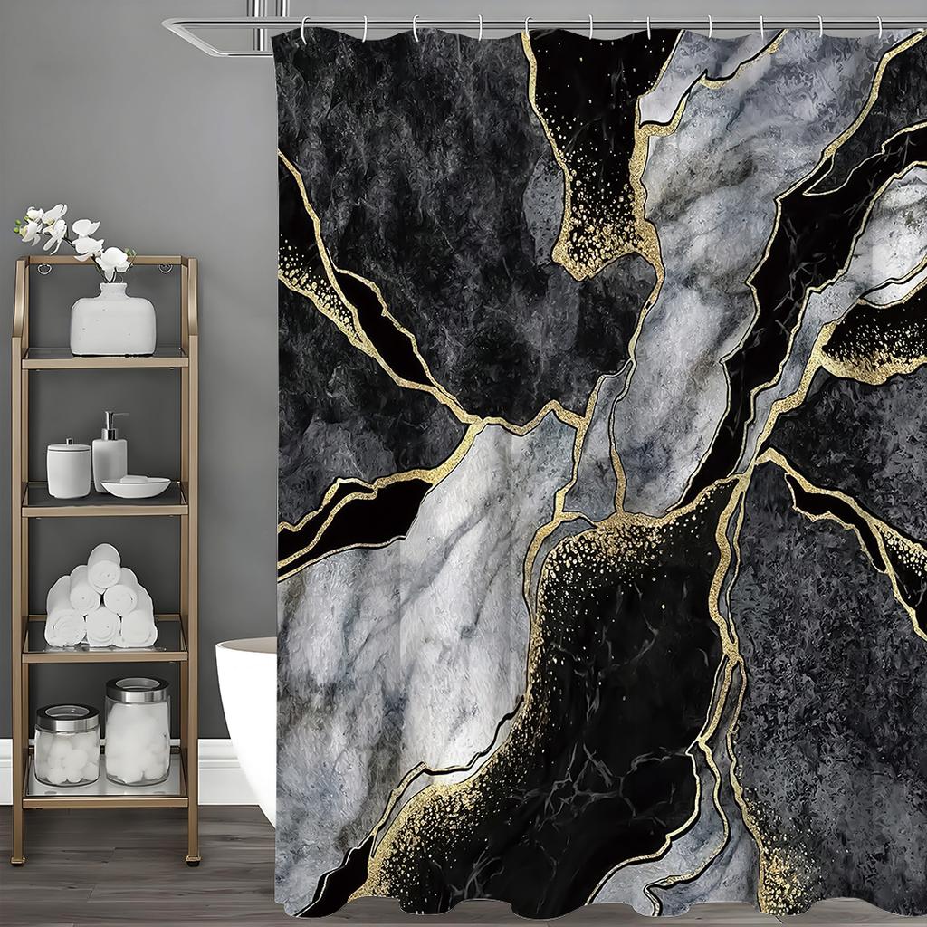 Perdea de Duș Abstractă Cerneală Negru Auriu Gri Marmorată, Perdea de Duș Decorativă pentru Baie, Perdea de Duș Impermeabilă cu Cârlige