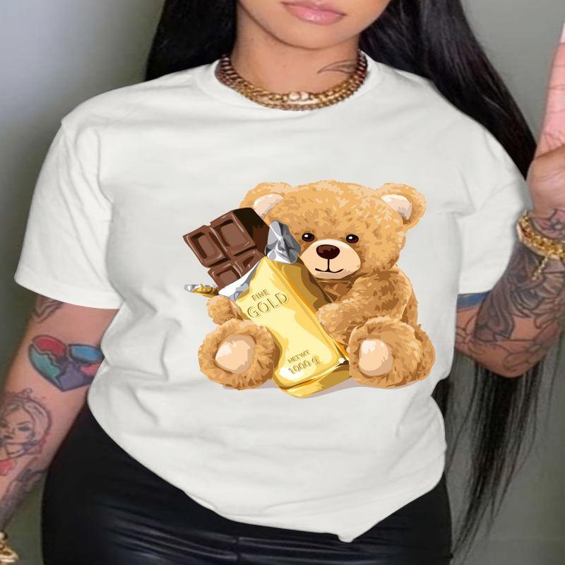 

Cute Bear Printing T Shirt Short Sleeve Neck Fashion Casual Sport Basic Clothes Harajuku Style Summer Women s Graphic T-Shirts L
