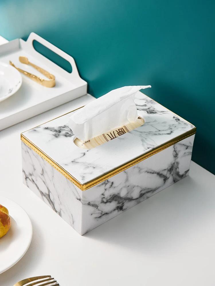 Home Living Decoration Accessories Leather Marble Grain Tissue Box Simple Kitchen Decor Interior Tabletop Ornament Napkin Holder