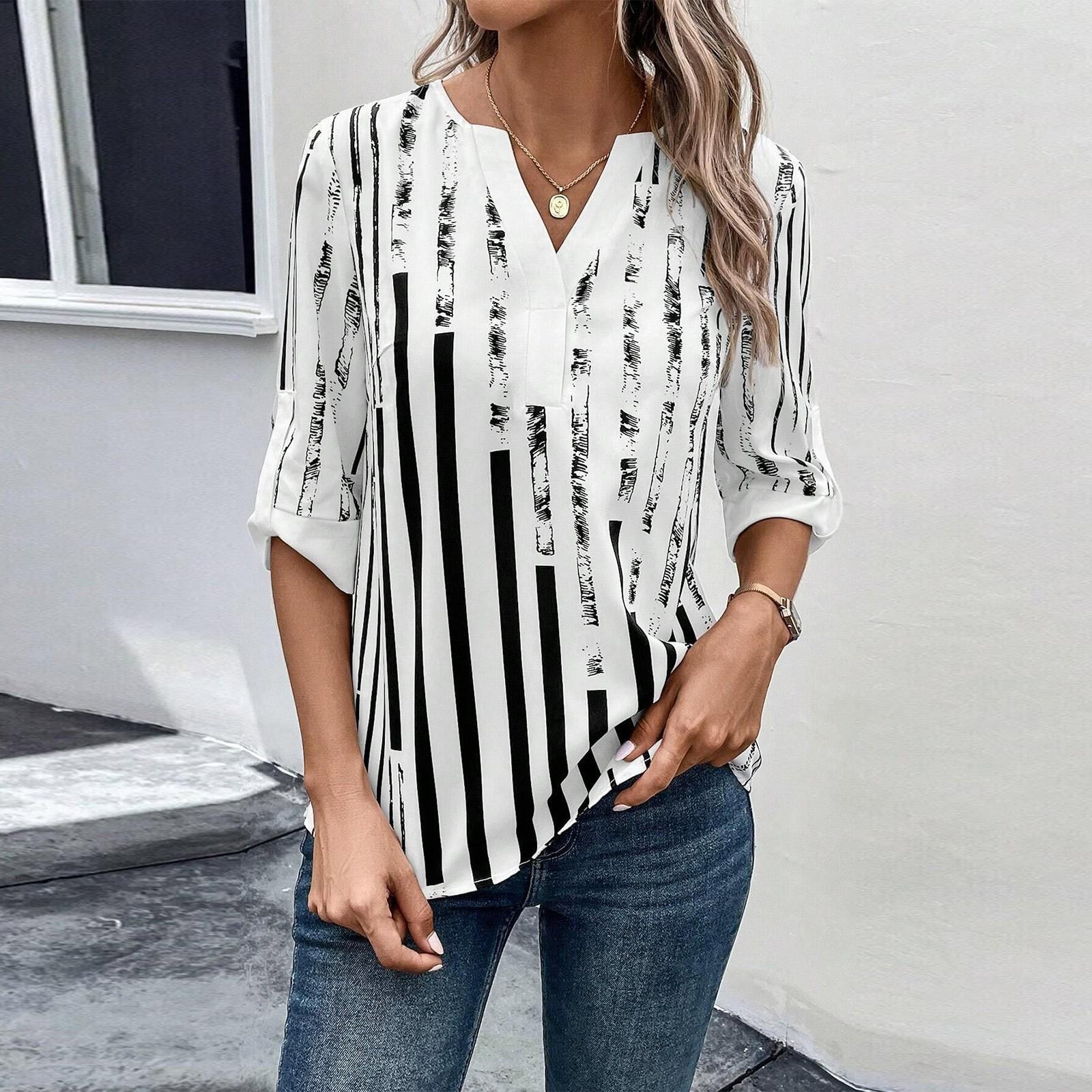 

Женская рубашка-топ с рукавами три четверти с двойной нашивкой контрастного цвета XL белый