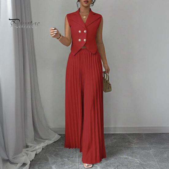 Comfortable Spring Suit Women's 2 Piece Vest Sets Sleeveless Button Crop Blazer Women Set And Wide Leg Pleated Pants Casual Business Outfits Everyday