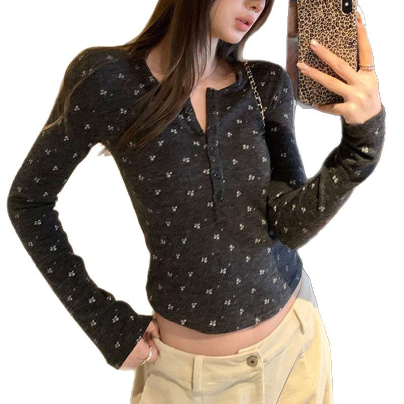 De Rong 270g Women's Floral Slim Fit Brushed Henley Long Sleeve Base Layer Top