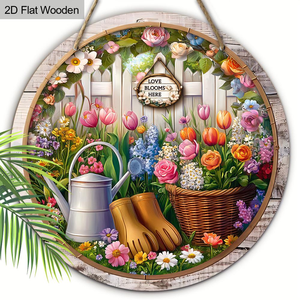 Wooden Sign with Blooming Flowers Pattern - Charming Round Ornament for Front Door, Wall, Yard Hanging Decor - Ideal Gift for Friend