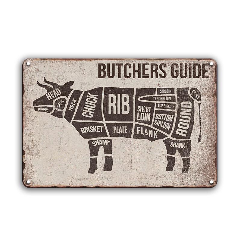 INEED Antikes „The Butcher's Guide“-Blechschild im Vintage-Stil, Tier-Küchen- und Marktdekor, Blechschild, Kunstposter, Metallplatte, Wanddekoration