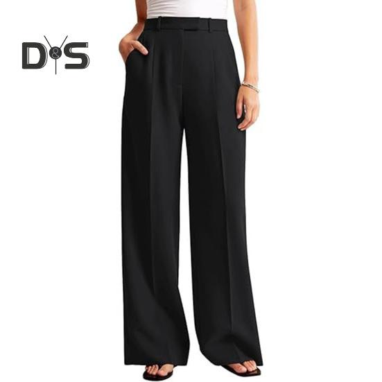 Summer Women Pants High Waist Slim Straight Legs Suit Pants with Pockets Solid Color Loose Fit Button Zipper Closure Office Pants