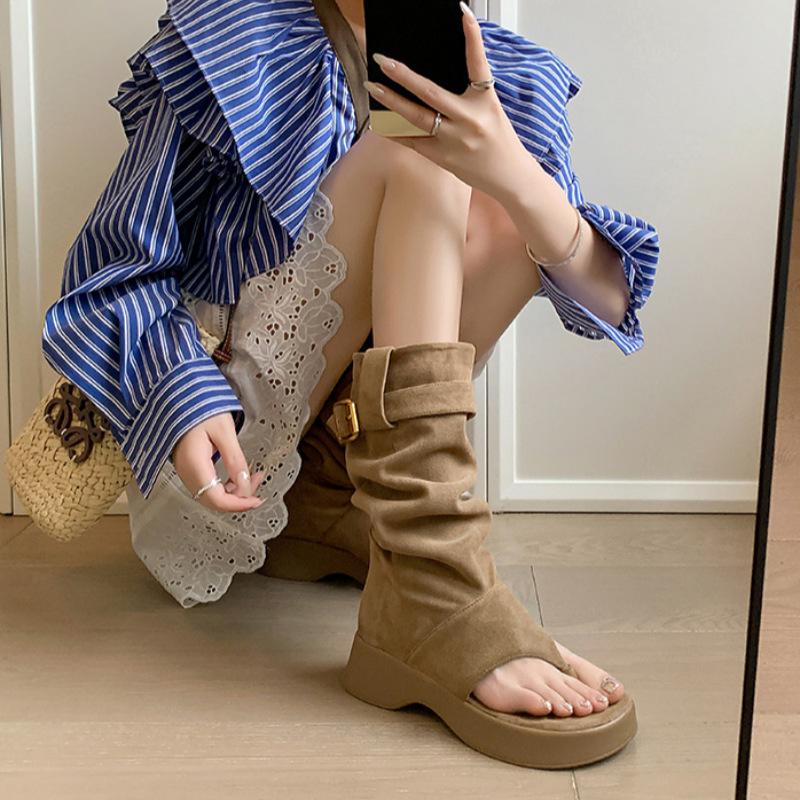 

Boots Women s thick-soled heightening stacking boots Women s short boots Tide summer summer herringbone toe cool boots Long boots Khaki 40 чорний