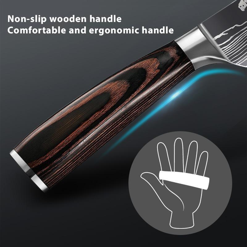 10PCS Kitchen Knives Japanese Santoku Damascus Laser 7CR17 440C Stainless Steel Utility Cleaver Slicing Chef Knife Kitchen Tool