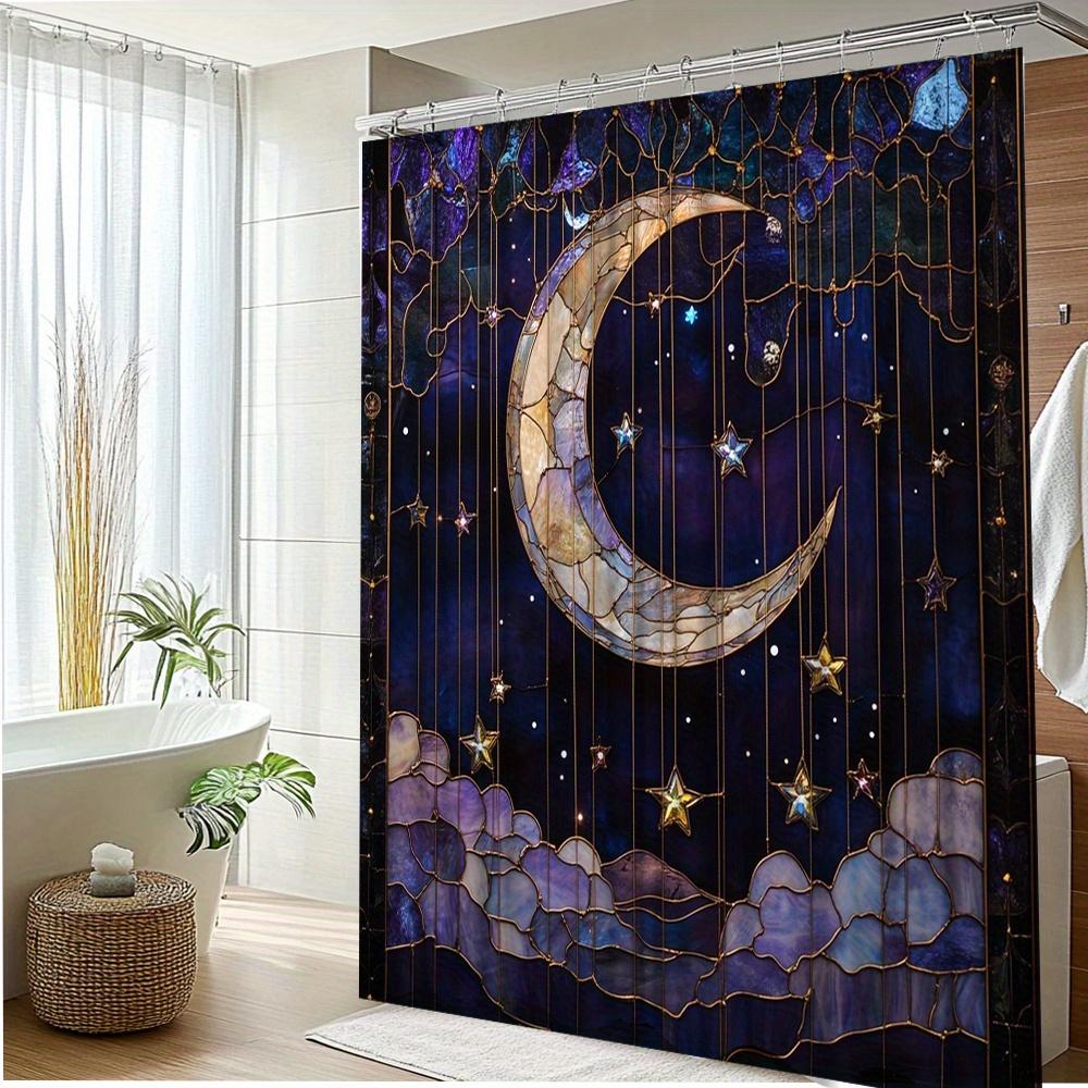 

1Pc Moon Stars Night Sky Shower Curtain Dream Space Art Pattern Bathroom Decoration Polyester Fabric Contains 12 Hooks W60H190(CM)-1 Pcs