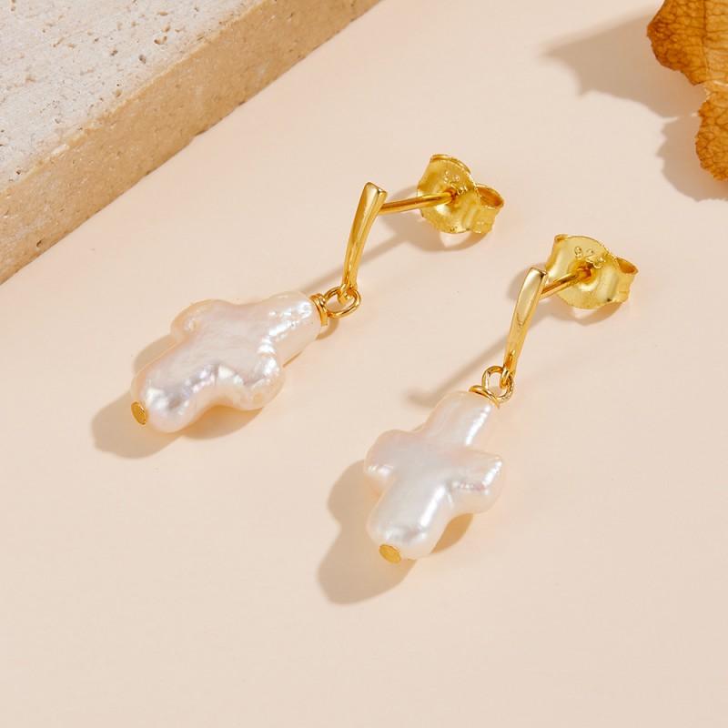 Baroque Freshwater Pearl Cross Stud Earrings Women Sterling Geometric Fashion Jewelry 925 Sterling Silver