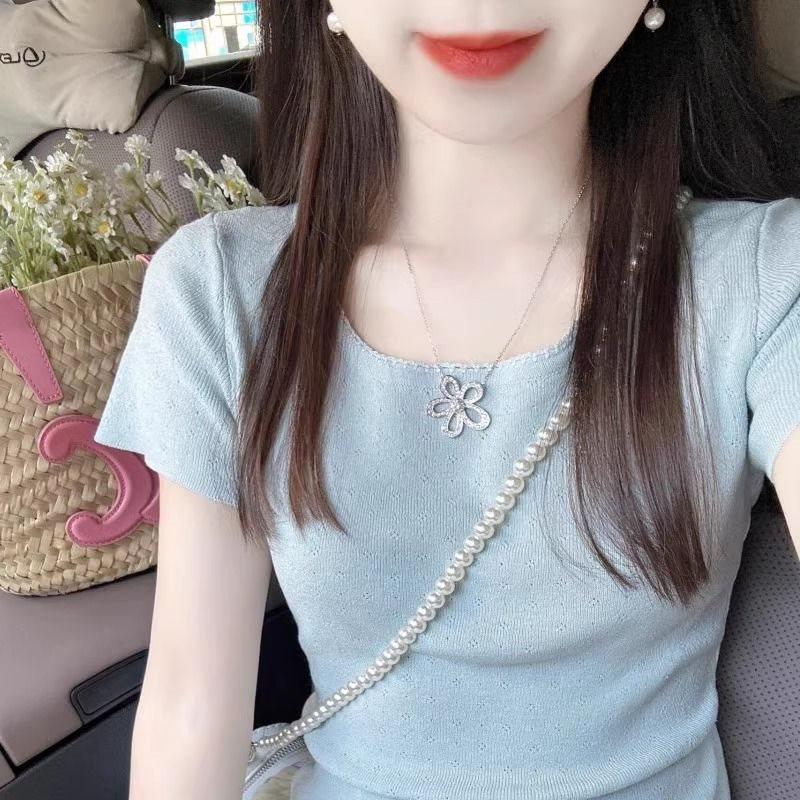 Pure Blue Ice Silk Sleeveless Short Sleeve Top For Summer Women