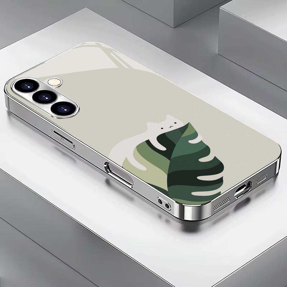 

Cat Leaf Silver Plated Glass Phone Case Suitable for Samsung Galaxy S26 S25 S24 S22 S21 S20 FE/Ultra/Plus Anti Drop Rear Cover GalaxyS24FE