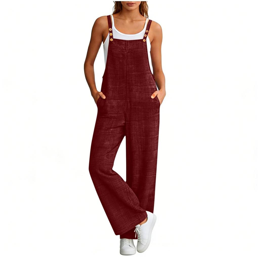 Women's Fashionable Suspender Wide Leg Loose Casual Suspender Pants With Pocket Buttons And Jumpsuit