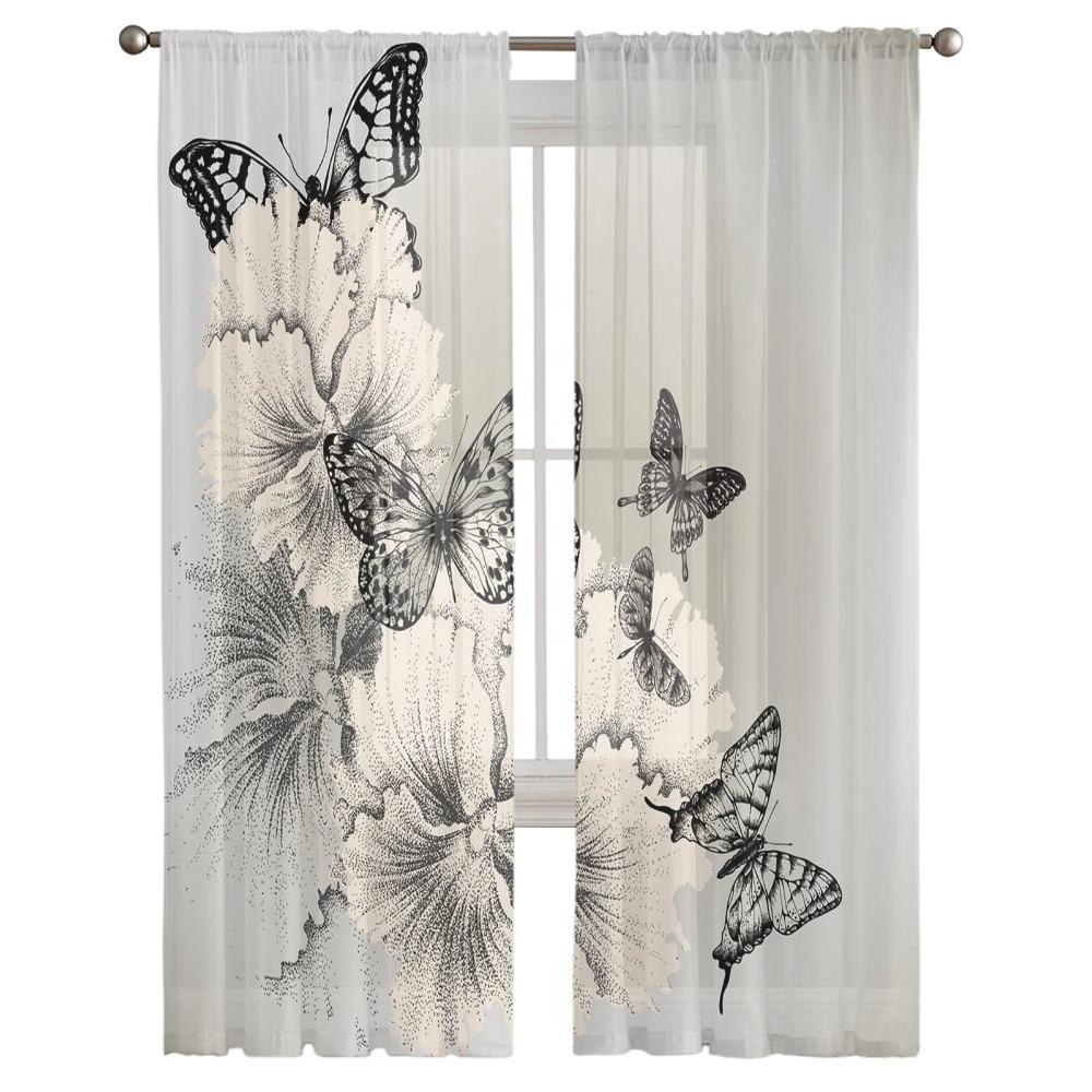 Black And White Butterfly Flower Art Drapes for Living Room Decoration Chiffon Sheer Kitchen Bedroom Curtain