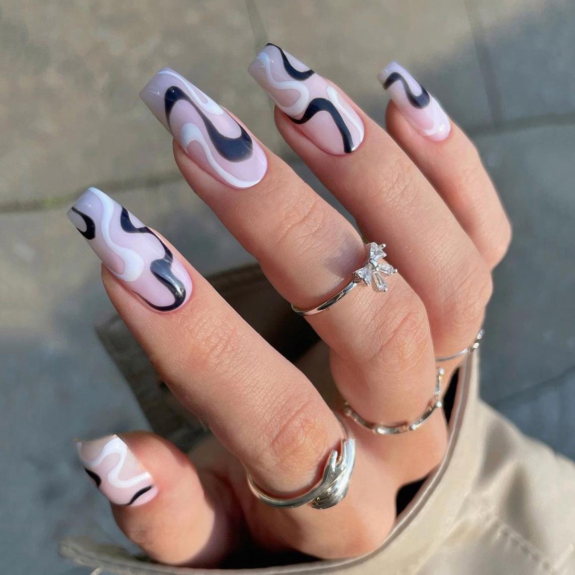 Black and white water wave wearing nail simple wind nail patch wave nail line nail patch wearing nail