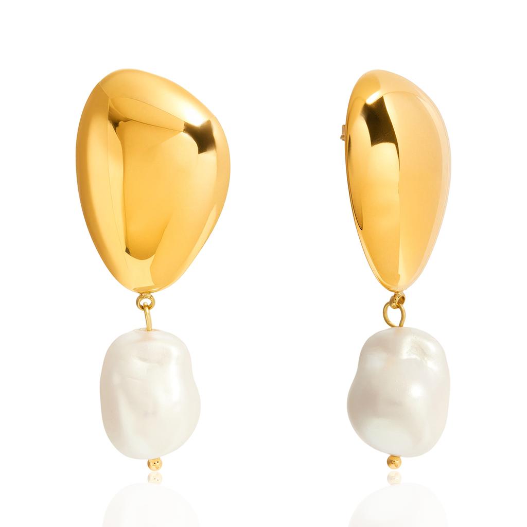 Yori Ocean Style Imitation Pearl Pendant Smooth Geometric Earrings Gold Color Summer Stainless Steel Studs Jewelry
