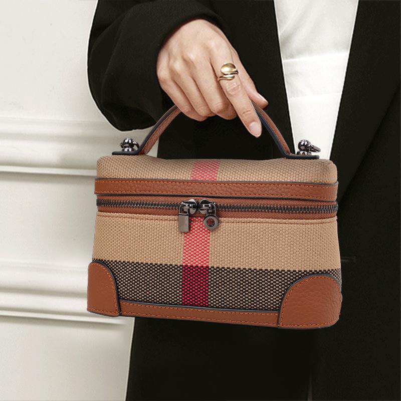 New Women's One Shoulder Crossbody Bag Canvas with Cowhide Plaid Pattern Phone Bag