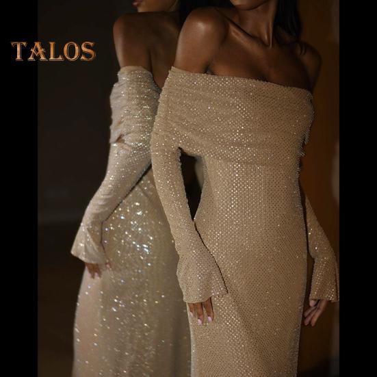 Lady Evening Dress Bateau Neckline Off Shoulder Long Sleeves Shimmering Sequin Bronzing Strapless Bodycon Prom Cocktail Party Maxi Dress