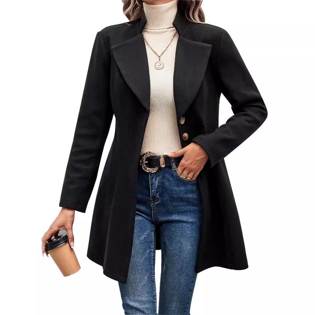 Europäischer und amerikanischer Damen Wollmantel mit Revers in Unifarben - Herbst-/Wintermode