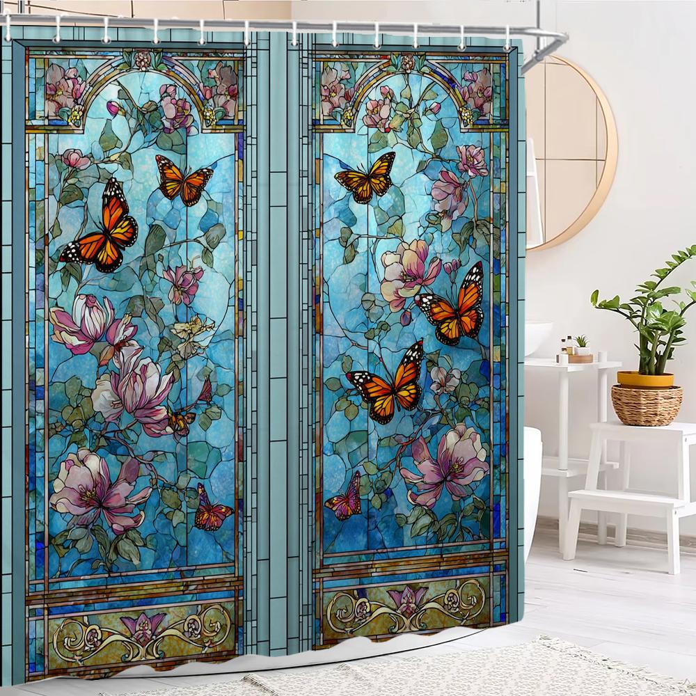 Nordic Butterfly Screen Pattern Shower Curtain,Flowers Shower Curtain,Printed Polyester Fabric Bathroom Decoration Curtain