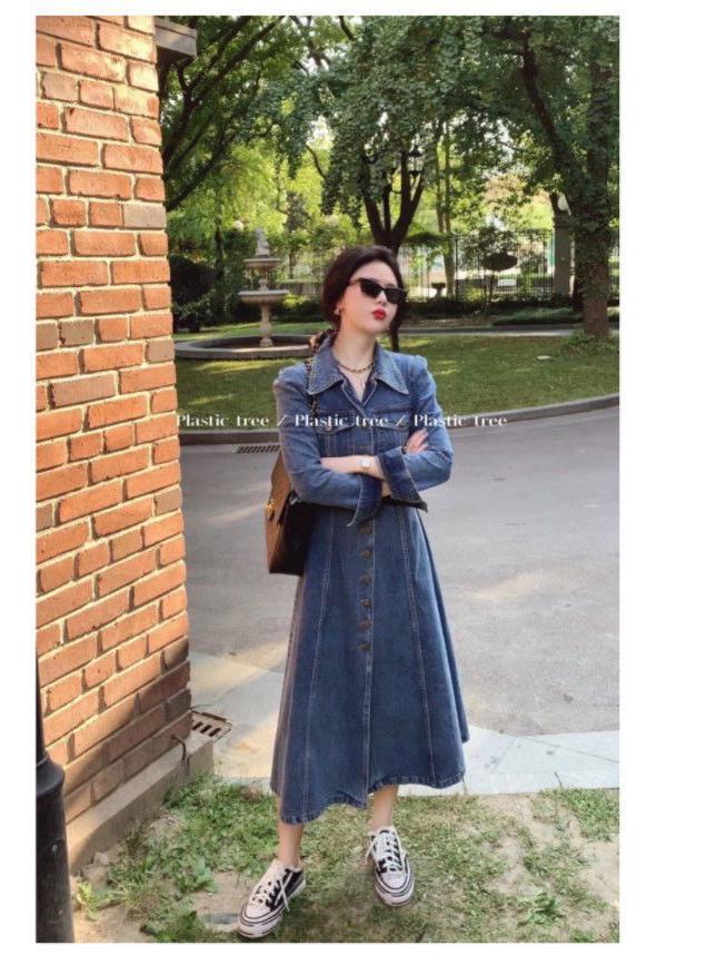 Hong Kong Retro Denim Shirt Dress for Women: Slim-Fit, Elegant, Single-Breasted, Perfect for Spring & Autumn