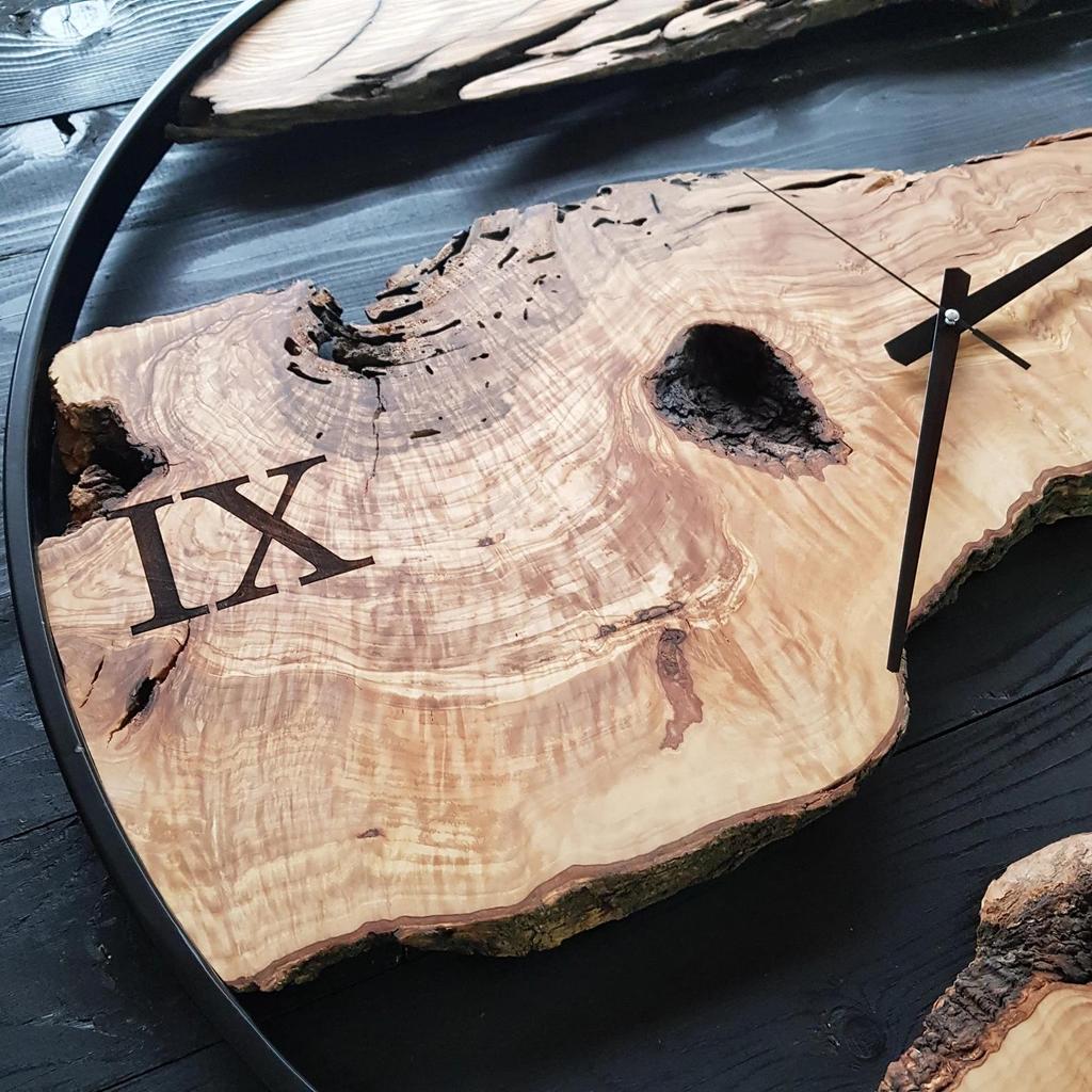 Sahaj Hast Olive Wood Wall Clock – Silent Movement, Live Edge Farmhouse Style | Handmade Wooden Wall Art