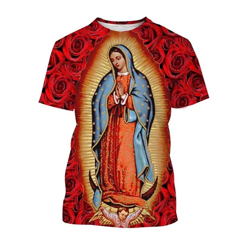Camiseta 2025 Nuevo Verano Virgen María Estampado 3D Hombres Mujeres Cuello Redondo Manga Corta Camisetas Ropa Urbana Harajuku Camisetas Tops para Niños