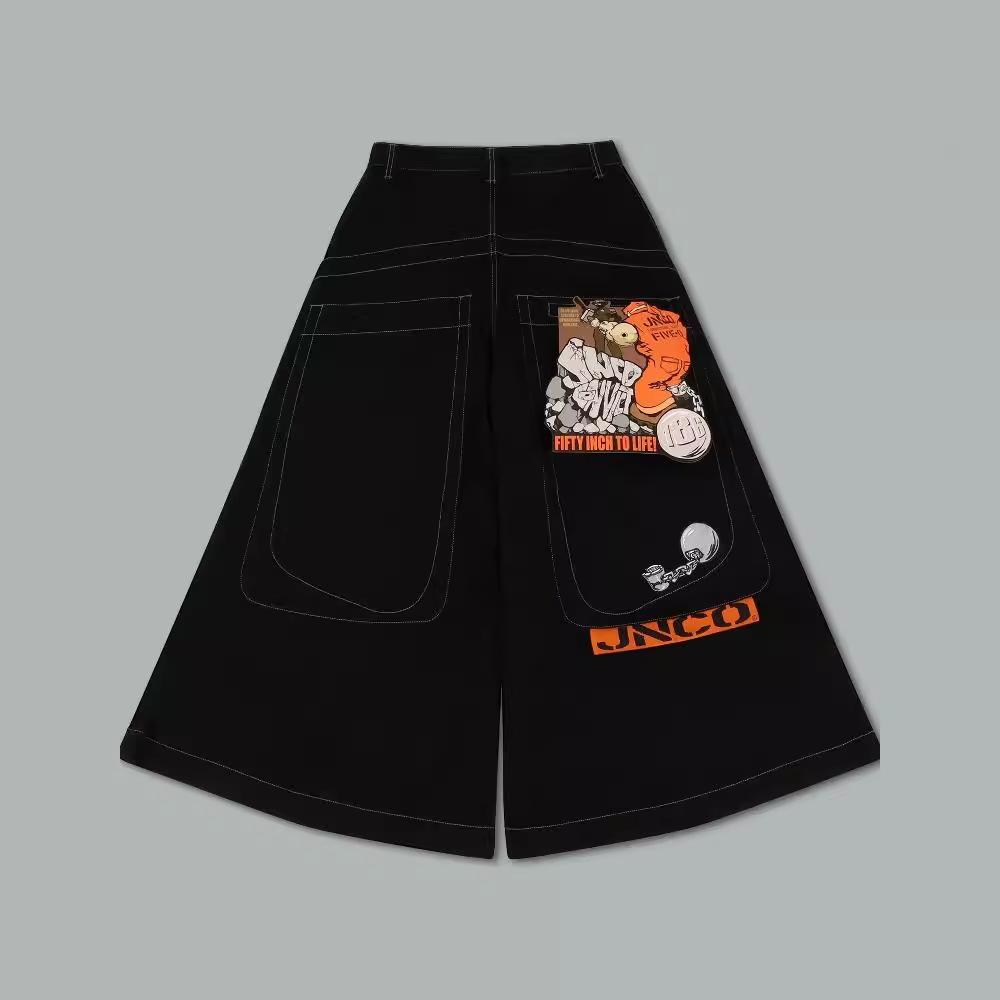 Streetwear Jeans Y2K Harajuku Hip-Hop Cartoon Bestickt Schwarz Locker Herren Weite Jeans