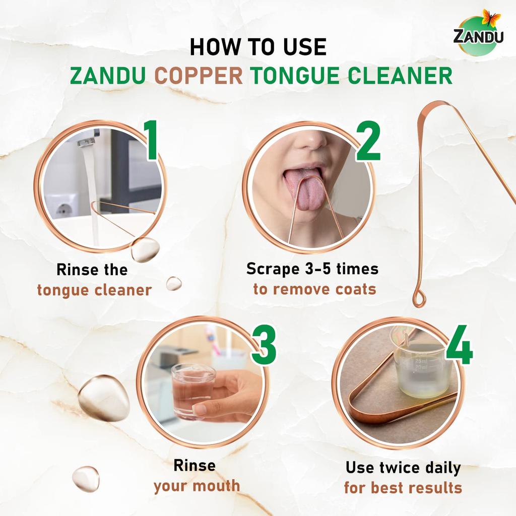 Zandu Pure Copper Tongue Cleaner 2 X Pack Of 1 Anti Microbial Tongue Scraper For Fresh Breath Oral Hygiene Flexible Handle