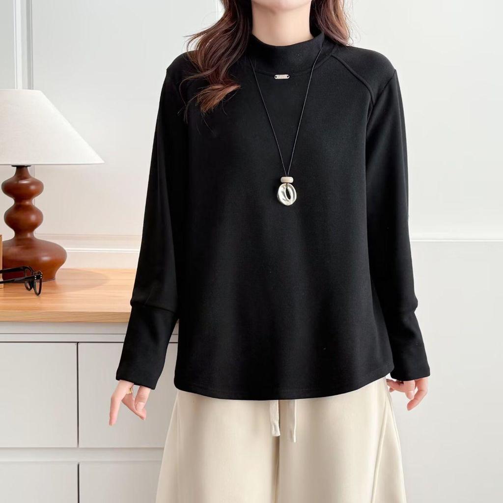 Plus Size Korean Style Drop Shoulder Slimming Long Sleeve Fleece T-shirt - Warm Versatile Base Layer for Women