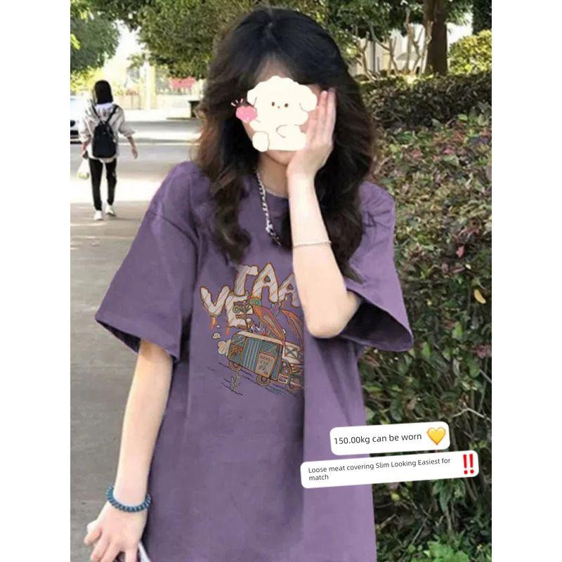Purple Dopamine Cartoon Print Short-Sleeved T-Shirt 150kg Plus Size Women's Clothing 2026 Summer 100kg Pure Cotton Top
