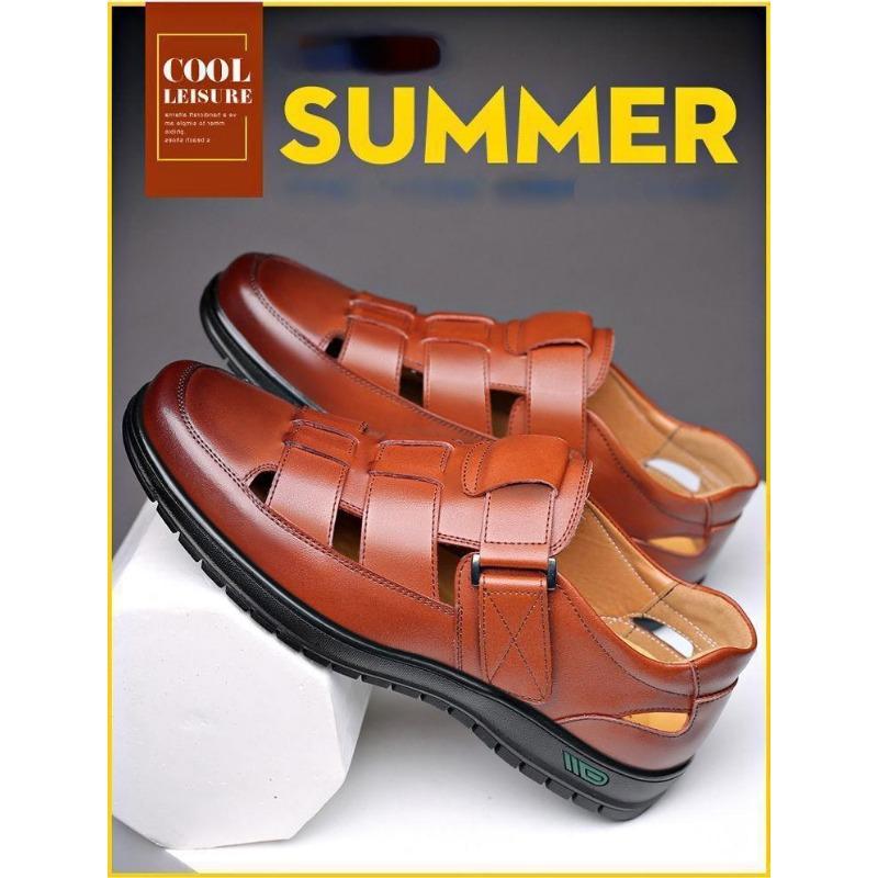 Men Leather Shoes Business Casual Forma Wear High Heels Soft Sole Non-Slip Summer Sandals Black Leather Shoes