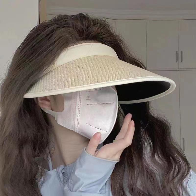 Chapeau de soleil en paille d'été pour femme, protection solaire d'extérieur, casquette vide, protection UV, visière à large bord