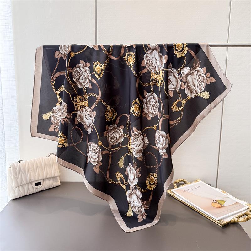 Chain Flower Simulation Silk Printing Large Square Scarf Silk Scarf Shawl Headscarf Beach Scarf Neck Protection Scarf Decorative Women'S Scarf