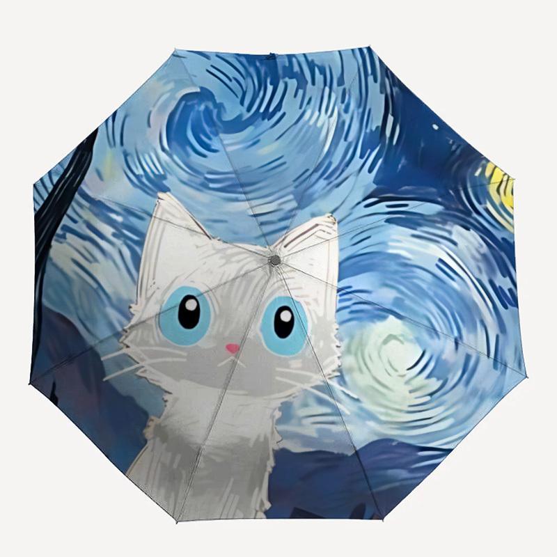 1pc Van Gogh Cat Automatic Open 8-Rib Windproof Umbrella, Travel & Commuting, Suitable for All Seasons