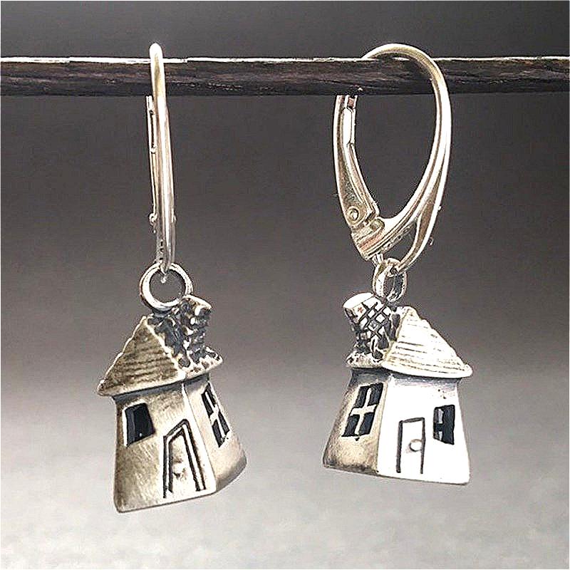 Vintage Simple Silvery Plated Metal Hand Carve House Shaped Design Dangle Earrings Women Creative  Festival Jewelry Gifts