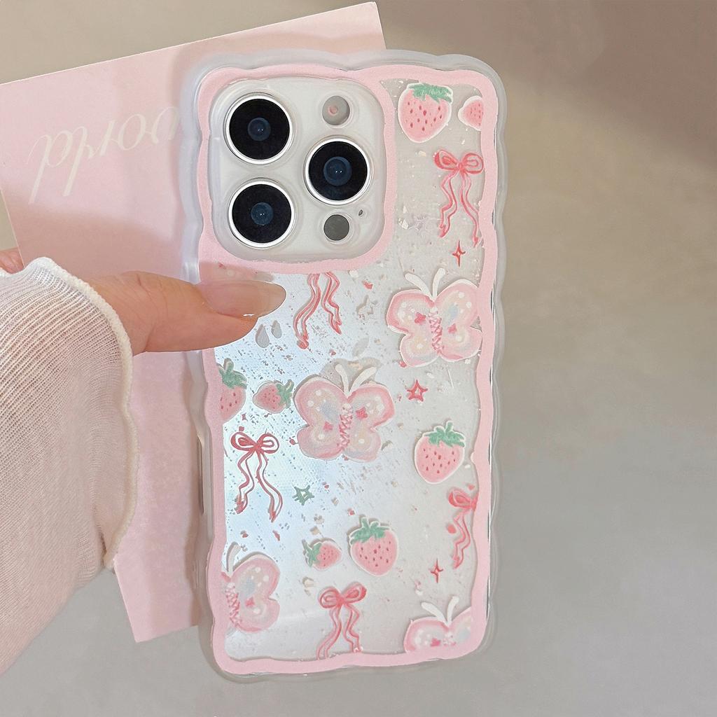 Pink Strawberry Butterfly for IPhone16 Apple 13 Mobile Phone Case 11 Transparent 15promax All Inclusive 14 Sweet