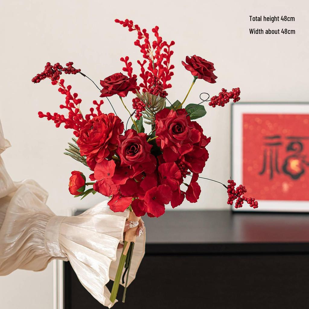 Spring Festival Red Fruit Faux Flower Arrangement for New Year, Wedding, Living Room, or Dining Table Décor