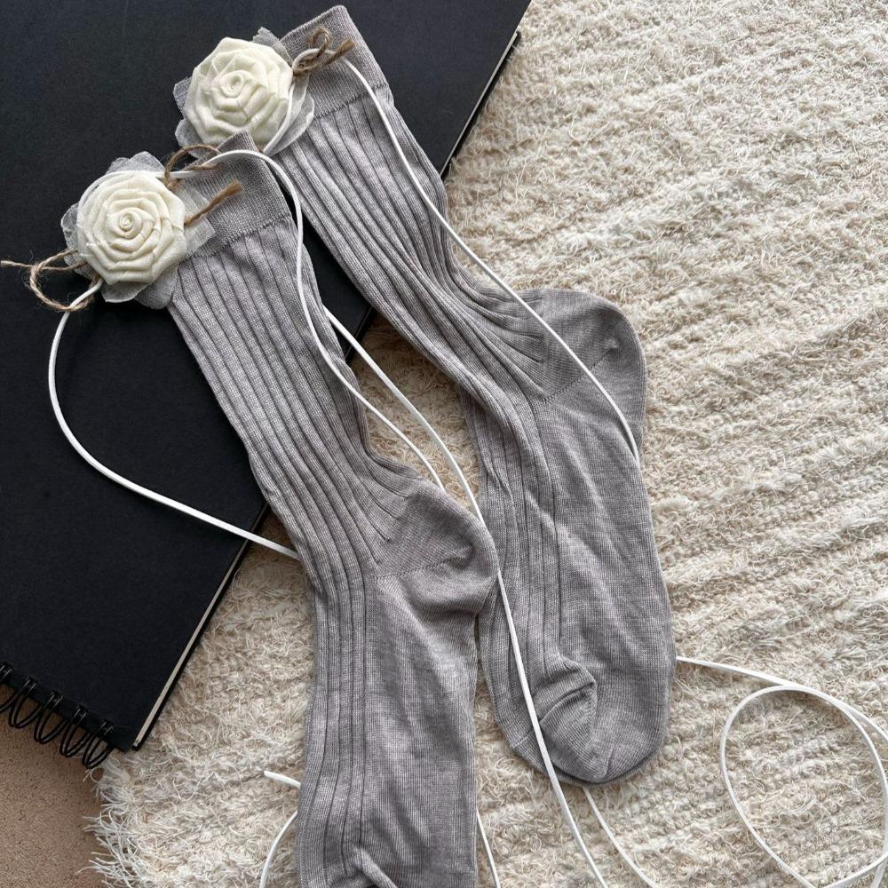 Lace Up Mid Tube Socks Ballet Style JK Lolita Stockings Breathable 3D Flower Stockings  Student