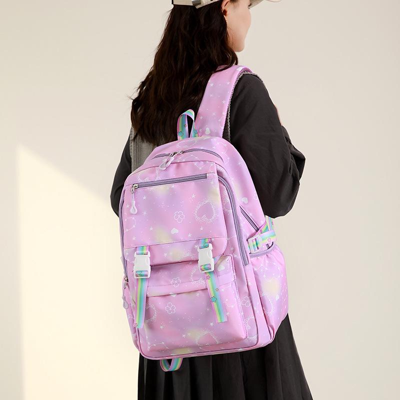 Kawaii Farbverlauf Sternenmuster Rucksack für Mädchen Schultasche mit Plüsch-Bommel Teenager Schüler Lässiger Tagesrucksack Reise Rucksack