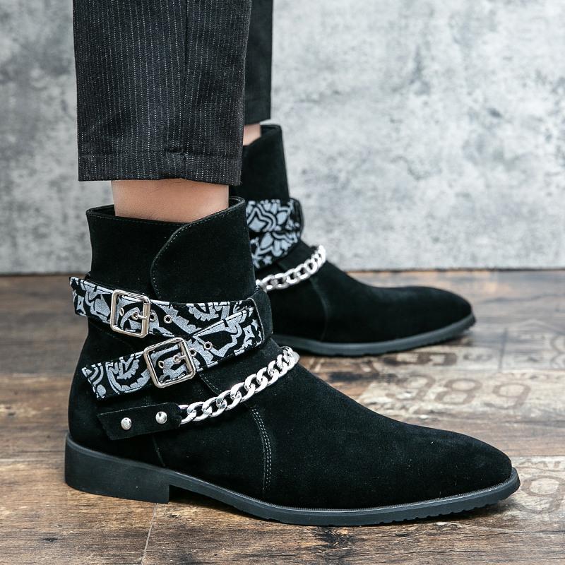 Velká velikost 48 Pánské Chelsea boty v punkovém stylu Módní design se sponou Pánské semišové boty Nazouvací špičaté boty Pánské kotníkové boty