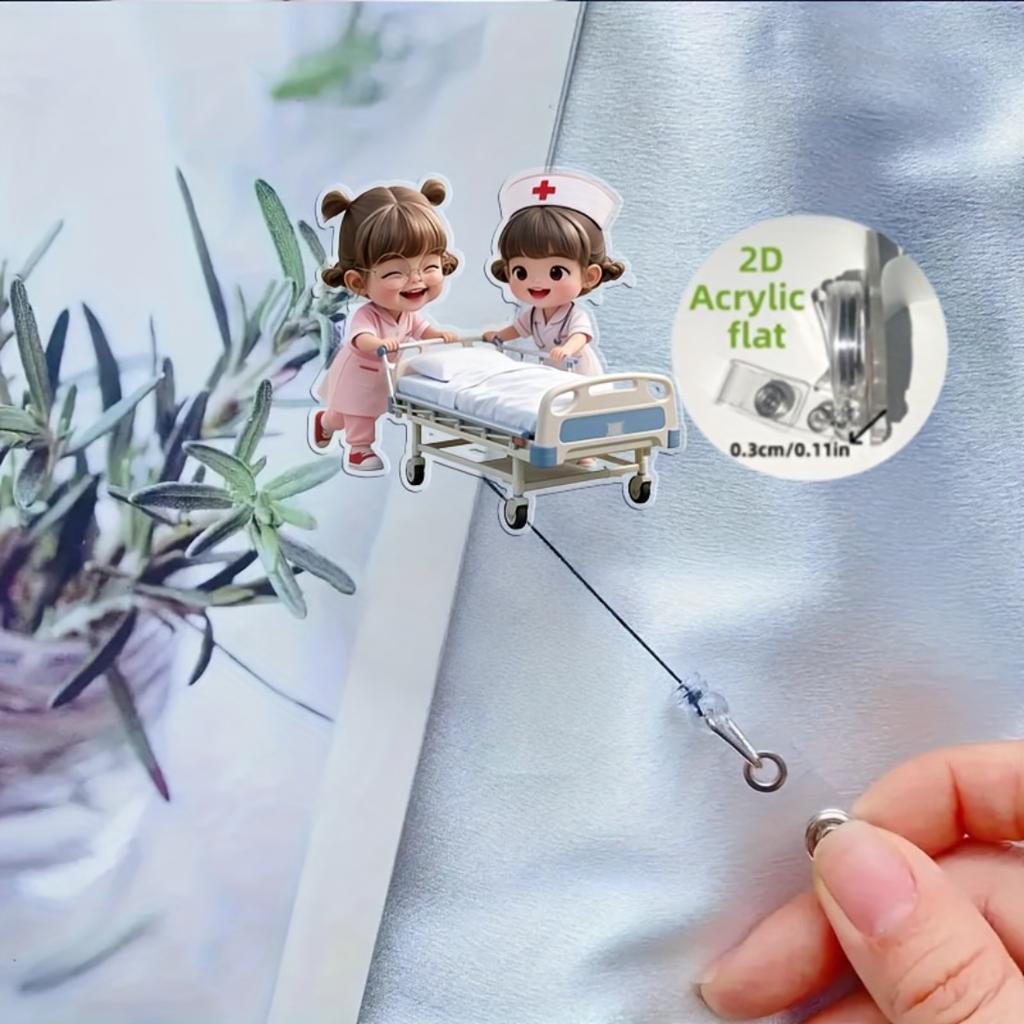 Two Nurse Girls Pushing Medical Bed 2D Acrylic Retractable ID Badge Reel,Multi Purpose Card Clip Perfect Present For Educators Medics Office Employees