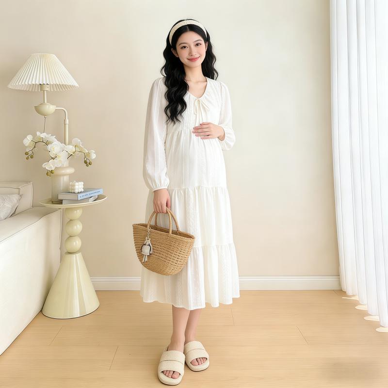 Korean Style Summer 2026 Embroidered Long Sleeve Maternity Dress Extra Large