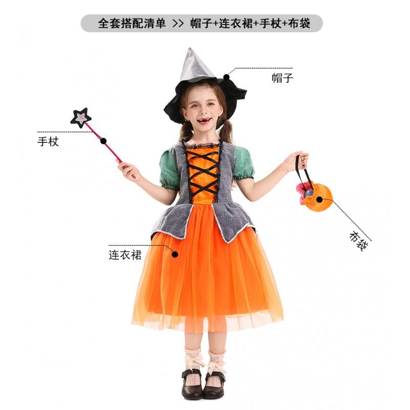 Girls Halloween Pumpkin Witch Dress Mesh Party Costume Kids Role Play Performance Outfit 110-160